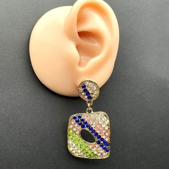 Yellow Gold with Multicolor Crystal Geometric Retro Drop Post Back Earrings - Picture 7 of 8